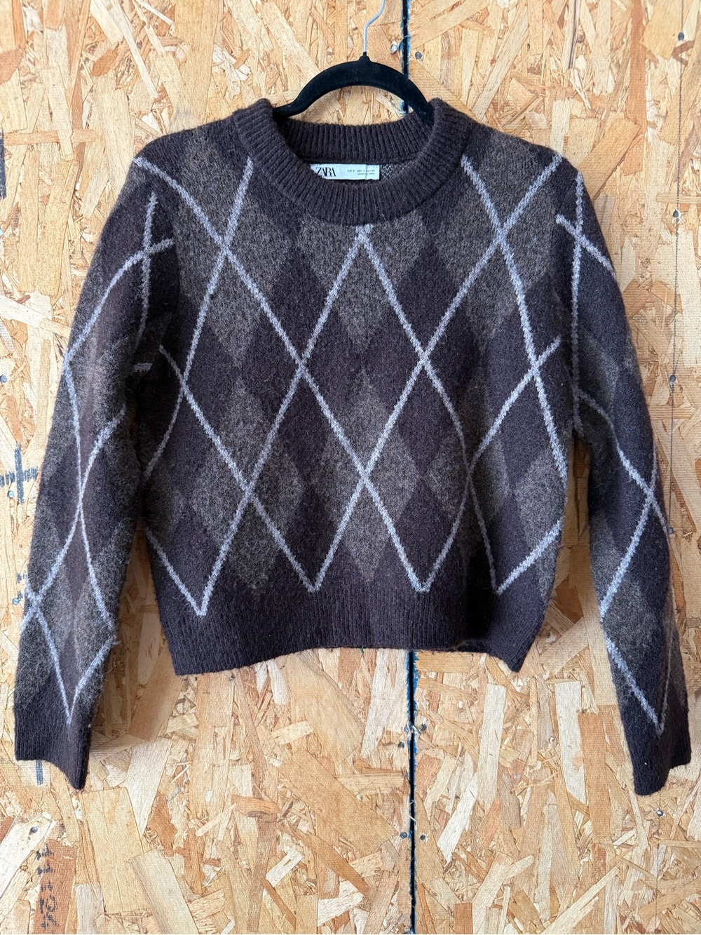 Zara Brown Argyle Crewneck Sweater with Cream Diamonds